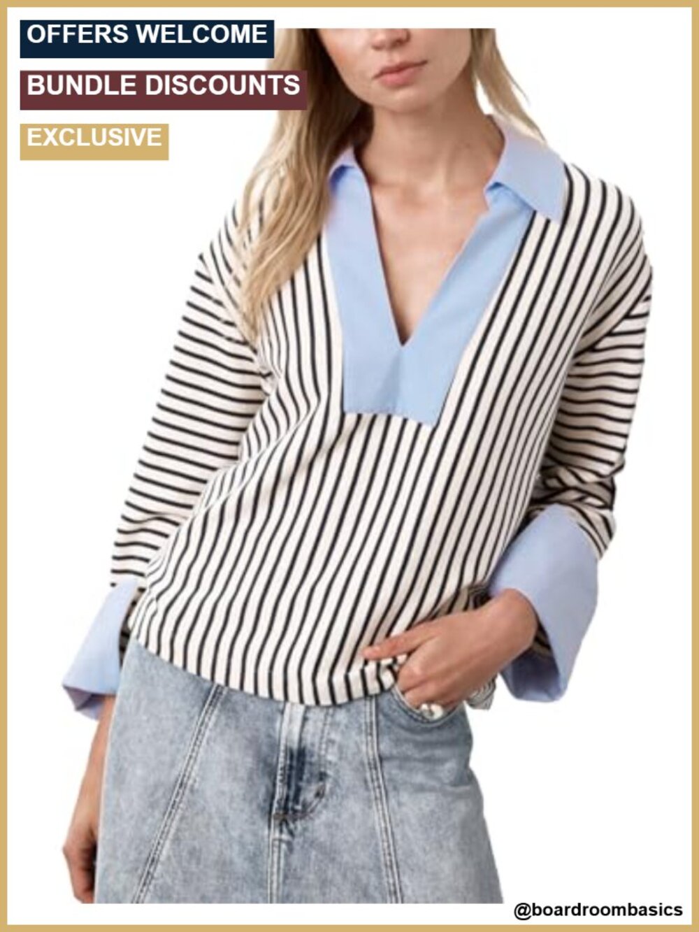 Striped Oversized V-Neck Collared Long Sleeve Sweatshirt